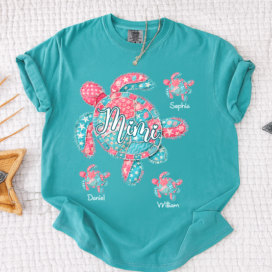 Comfort Colors Mimi Sea Turtle Shirt, Personalized Grandchildren Names T-Shirt, Coastal Grandma Beach Vacation Family Tee