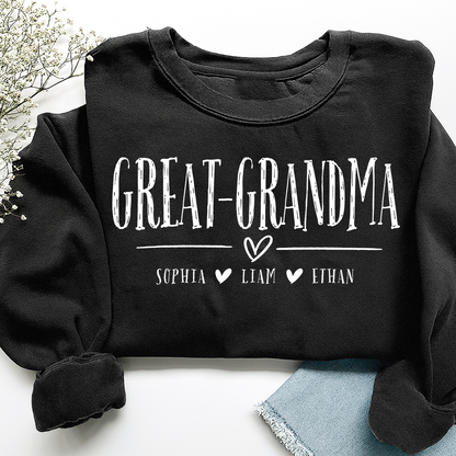 Personalized Great-Grandma Heart Sweatshirt, Customized Gifts for Grandma and Kids