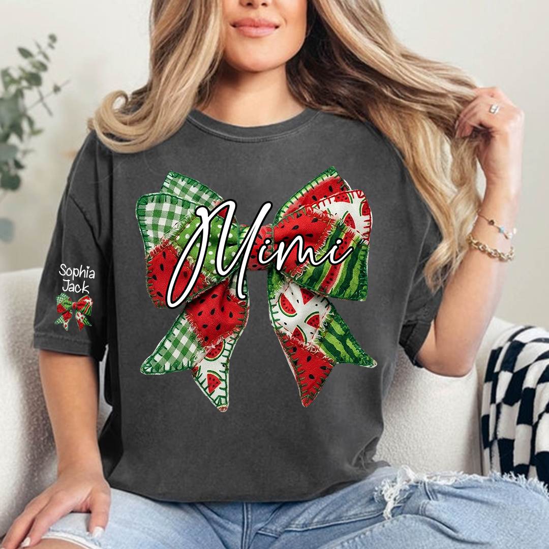 Mimi Watermelon Bow T-Shirt Personalized Grandma Shirt Summer Family Names Tee