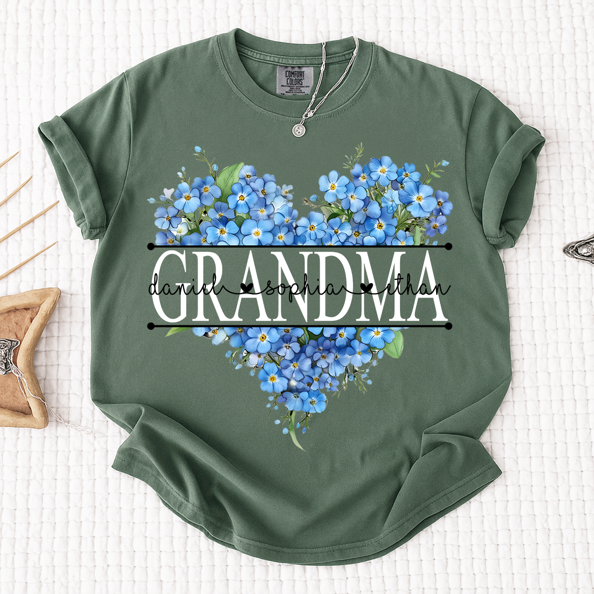 Comfort Mimi Blue Floral Shirt with Custom Grandchildren Names, Heart Family Tee