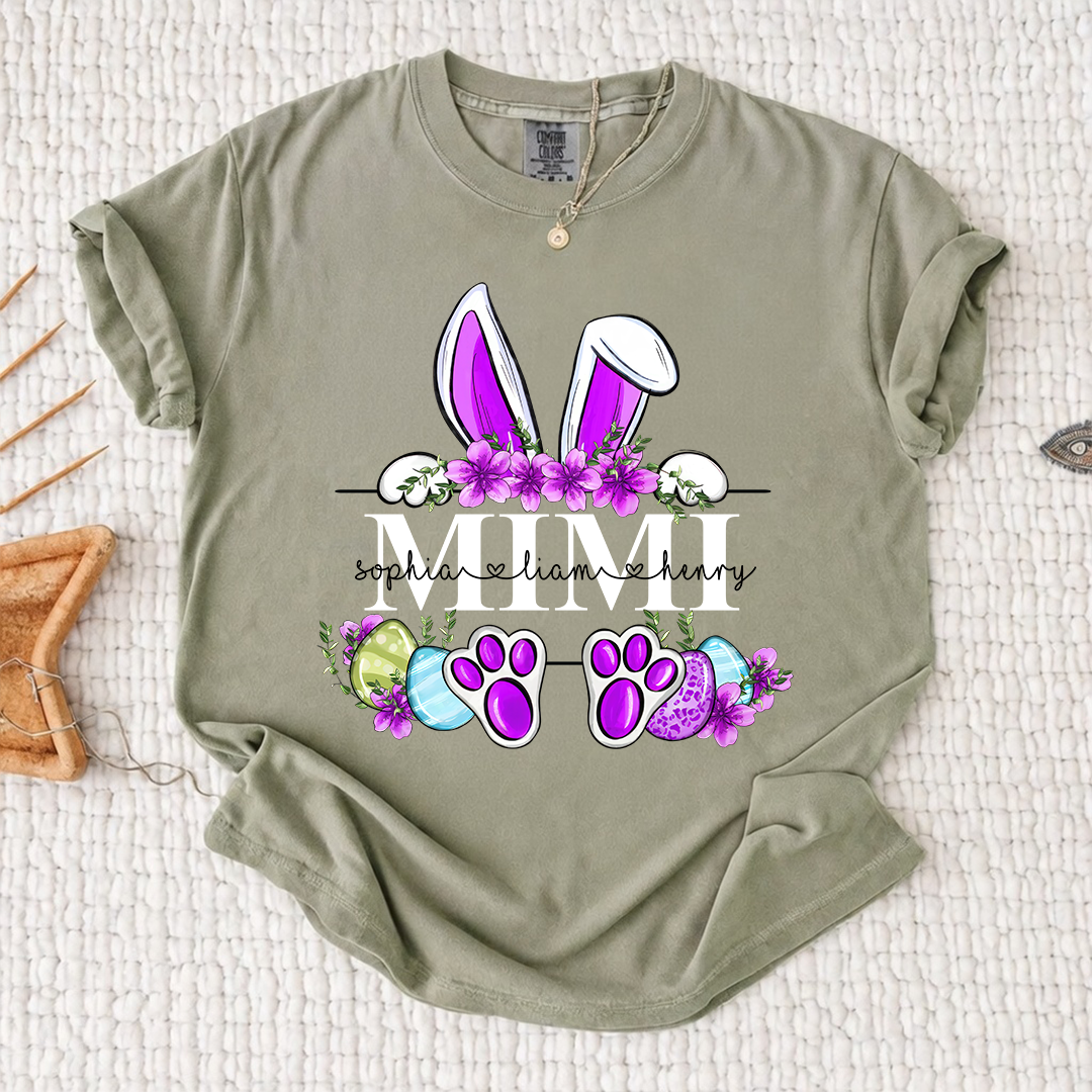 Comfort Colors Personalized Easter Bunny T-shirt | Custom Name Design for Mimi, Grandma, & Mom | Floral Easter Shirt with Bunny Ears and Paw Prints