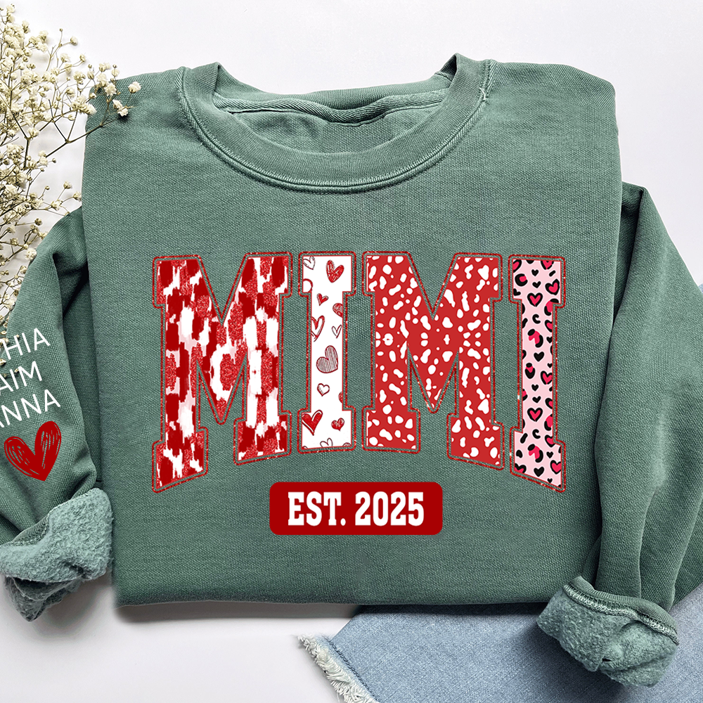 Custom Mimi Sweatshirt, Valentine Heart Pattern Pullover with Names