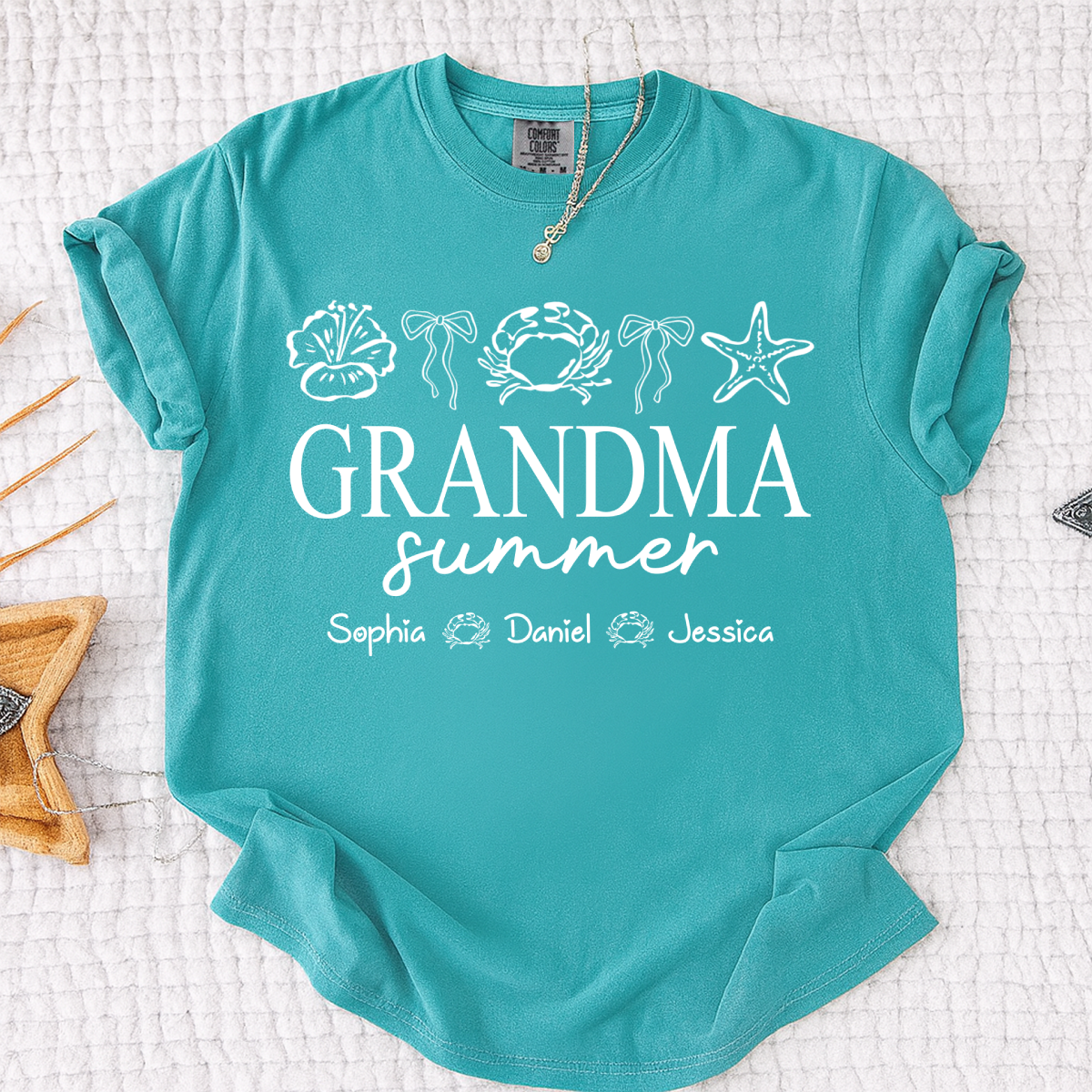 Comfort Colors Grandma Summer Beach T-Shirt, Personalized Ocean Fish Graphic Tee, Custom Kids Names Coastal Grandma Apparel