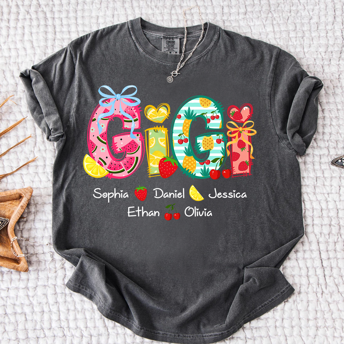 Comfort Colors Custom Gigi Shirt for Grandma, Personalized Family Name T Shirt, Summer Fruit Graphic Tee with Kids Names