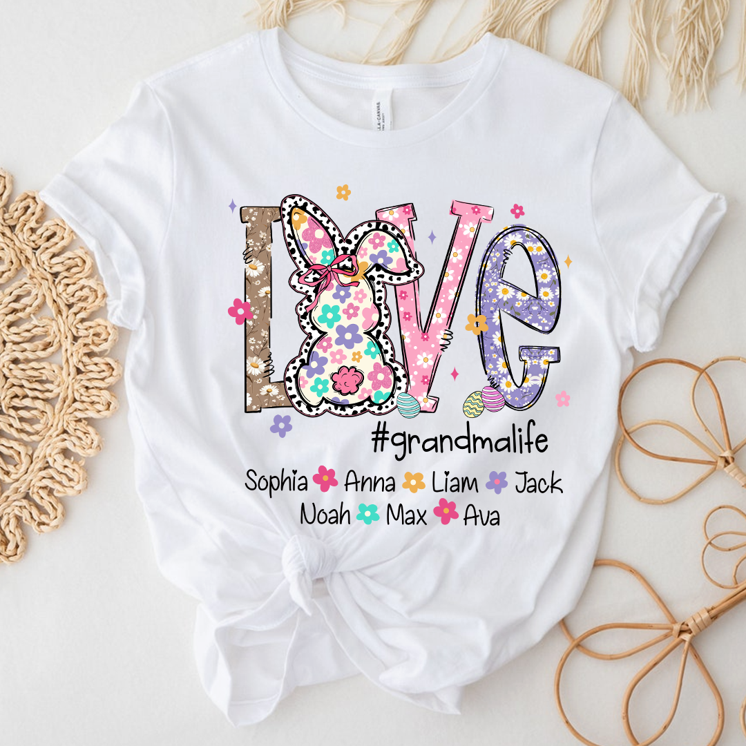 Personalized Love Grandma Liffe Easter T Shirt, Bunny And Egg Design With Names For Grandma And Kids