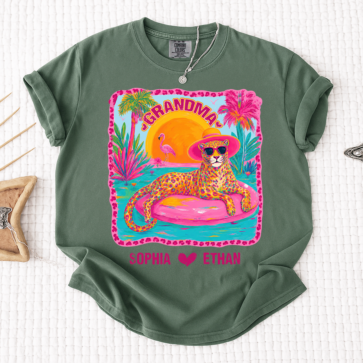 Comfort Colors® Custom Grandma Preppy Summer Gift Shirt, Gift For Grandma And Kids, Girly Beach Tee Retro Leopard Shirt Design Cute Summer Colorful Summe