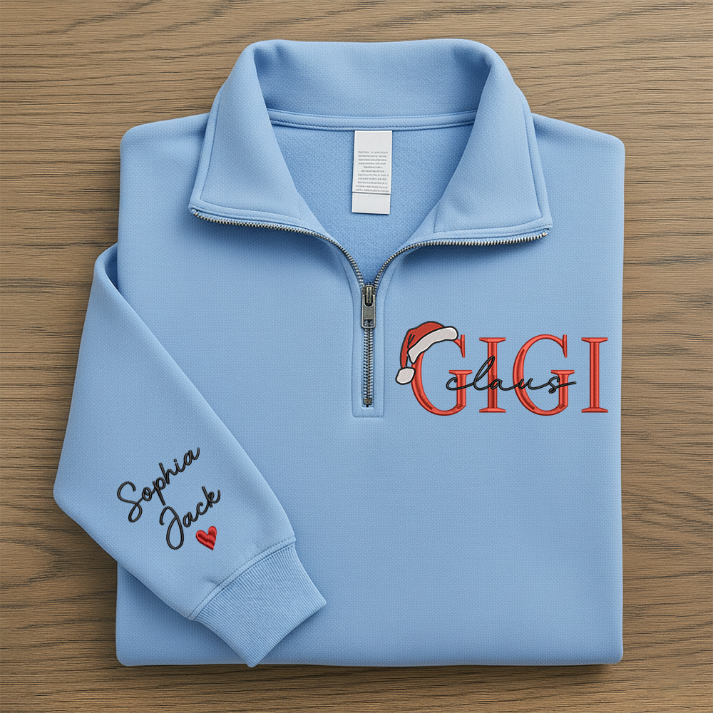 Personalized Christmas Gigi Claus Zip Embroidered Sweatshirt – Custom Grandma Gift With Grandkids Names