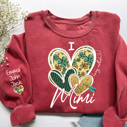 I Love to Be Called Mimi Heart Design Sweatshirt For St. Patrick's Day, Personalized Clover Design Sweatshirt for Grandma with Grandchildren's Names