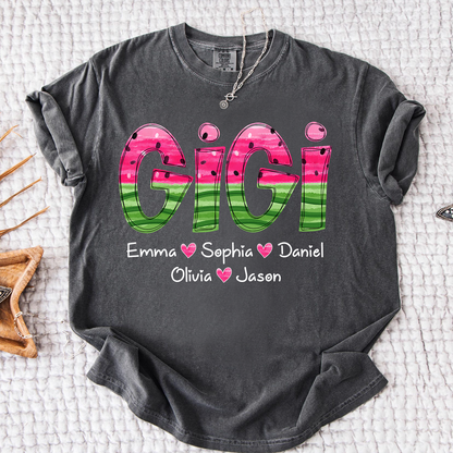Comfort Colors Custom Gigi Grandma Shirt, Personalized Kids Names Watermelon Graphic Tee, Cute Summer Gift for Nana Mimi Grammy