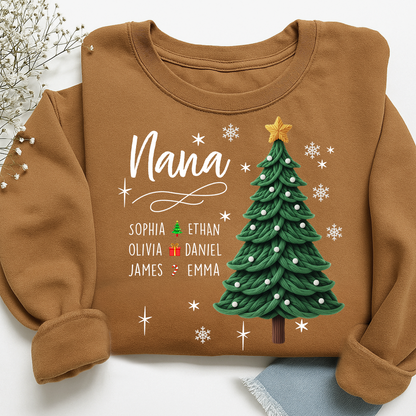 Nana Christmas Sweatshirt with Grandkids’ Names, Cute Tree Holiday Gift