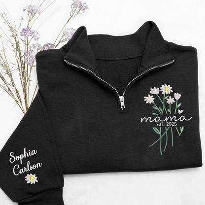 Custom Embroidered Mama Sweatshirt – Quarter Zip Floral Pullover for Mom