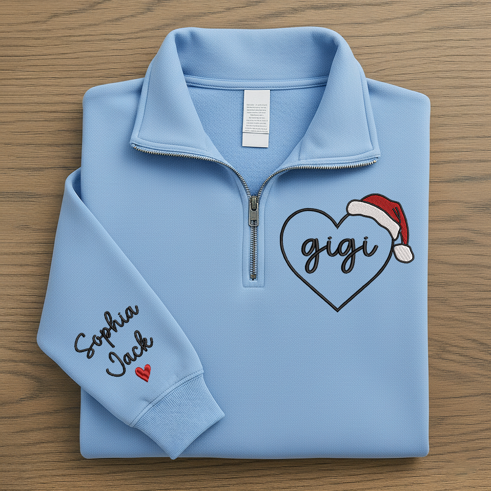 Custom Gigi Heart Zip Sweatshirt With Santa Hat – Personalized Christmas Gift For Grandma Or Gigi