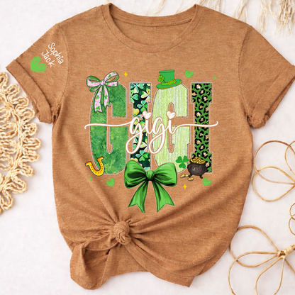 Gigi St Patrick’s Day Shirt, Green Shamrock Bow Family T Shirt, For Gift Gigi And Kids