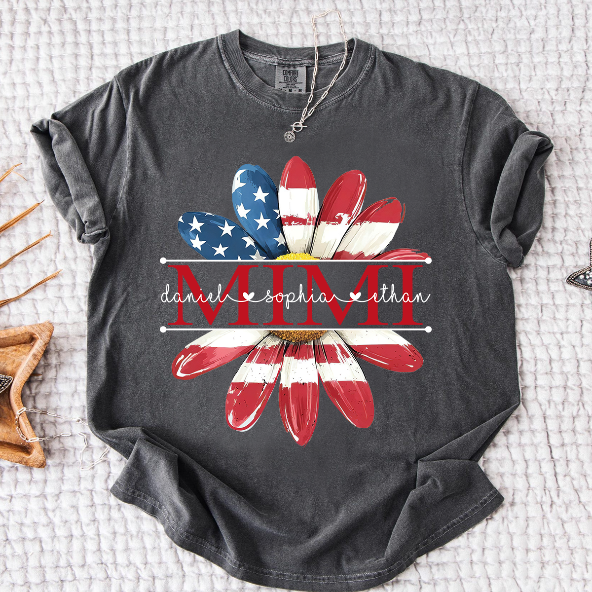 Comfort Colors Personalized Grandma Monogram Shirt, Custom Family Names Patriotic Flower T-Shirt