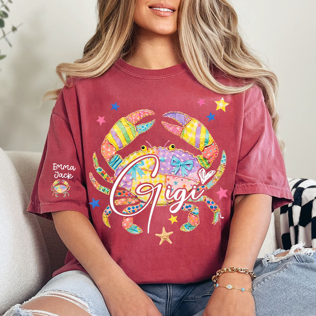 Custom Mimi T Shirt, Personalized Grandma Shirt with Kids Names, Colorful Crab Beach Design Tee, Summer Gift for Mimi
