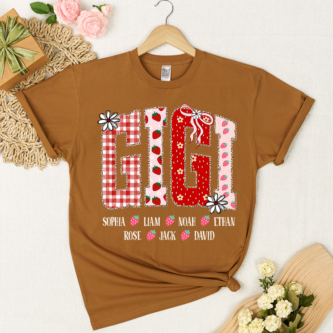 Gigi Personalized Grandma T-Shirt With Strawberry And Flower Motifs, Bearing Her Grandchildren's Names