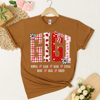 Gigi Personalized Grandma T-Shirt With Strawberry And Flower Motifs, Bearing Her Grandchildren's Names