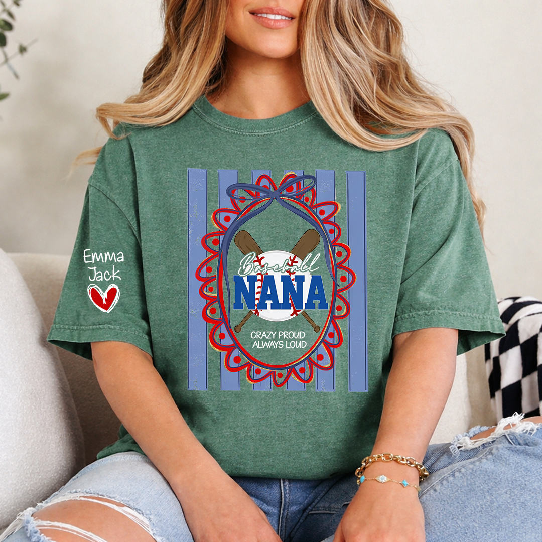 Custom Baseball Coquette Nana Shirt for Game Day, Personalized Kids Names Sports Grandma Tee