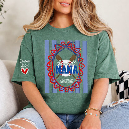 Custom Baseball Coquette Nana Shirt for Game Day, Personalized Kids Names Sports Grandma Tee