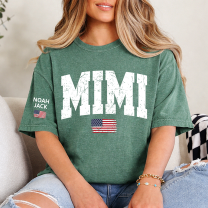 Mimi Patriotic Shirt with American Flag, Personalized Grandkids Names Family T Shirt