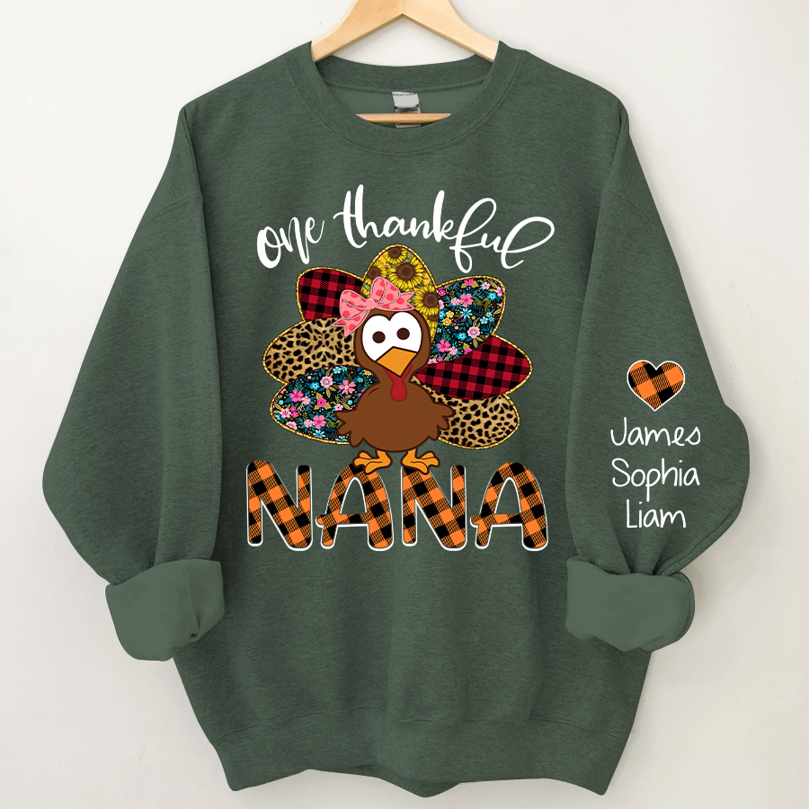 Personalized One Thankful Grandma Turkey Cute Sweatshirt, Custom Grandma and Grandkids Sweatshirt