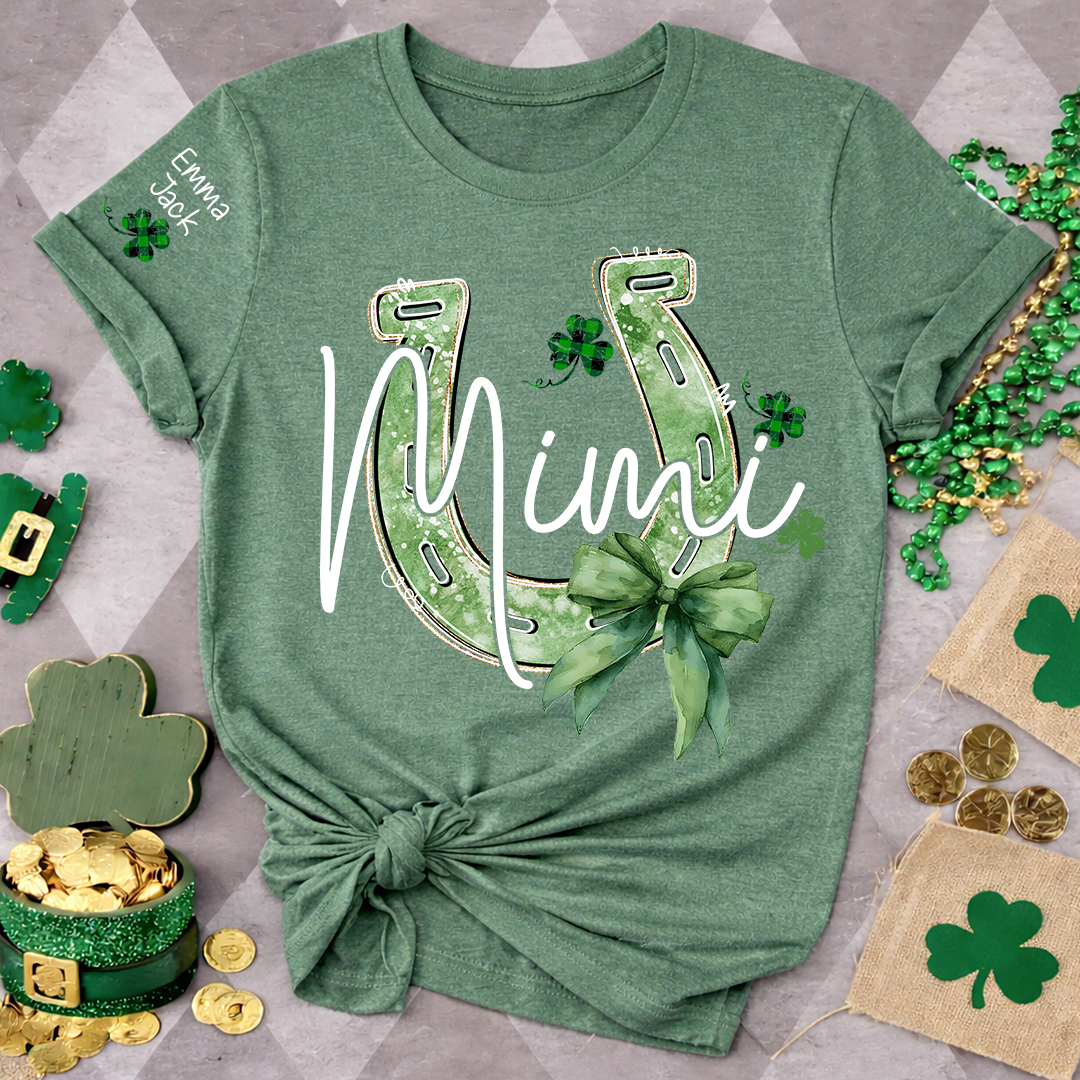 Mimi St Patrick’s Day Shirt, Lucky Horseshoe Shamrock Family T Shirt, With Grandma And Kids Names