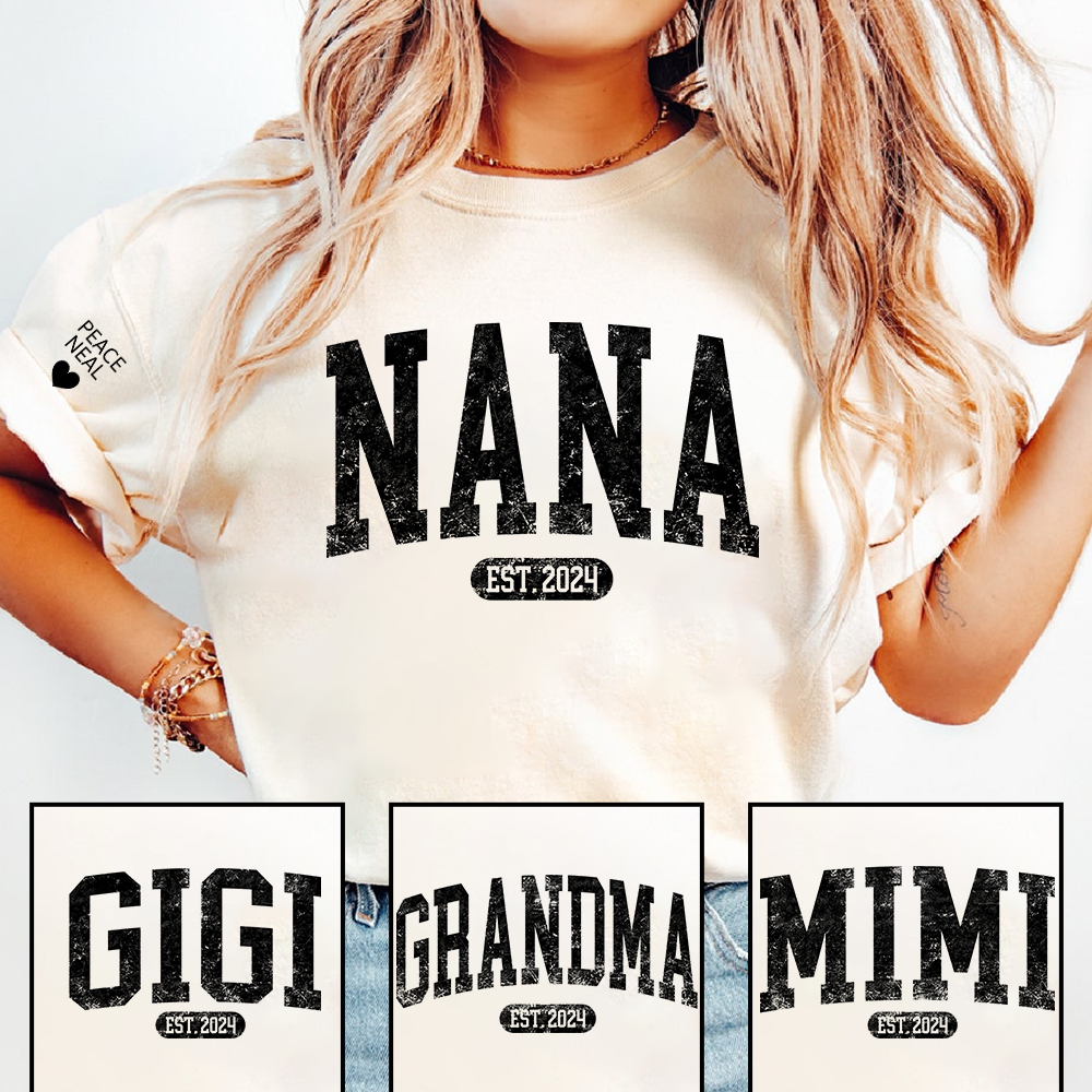 Custom Nana Shirt, Personalized Grandma Mimi Gigi T-Shirt, EST. 2024, Gift For Mother's Day, Grandmother Apparel with Amor Peace Neal Print