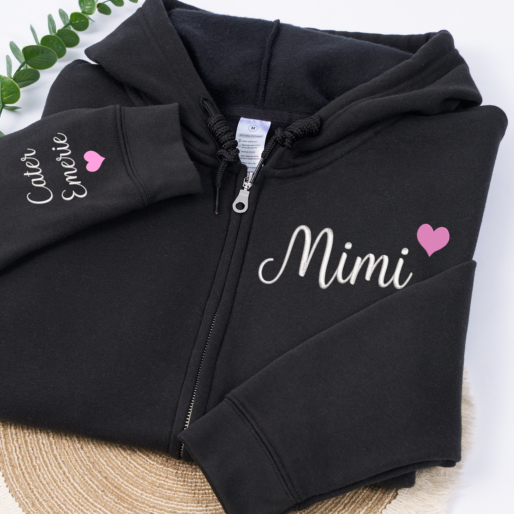 Personalized Mimi Embroidered Zip Hoodie, Custom Grandma Name with Kids Names on Sleeve, Full Zip Hooded Sweatshirt for Women, Cozy Family Wear for Mother Day Birthday Holidays