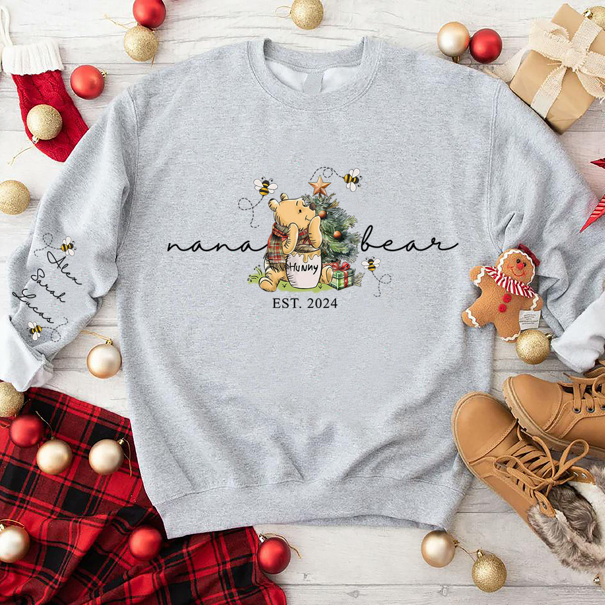 Custom Mimi Claus Christmas Lights Sweatshirt, Personalized Grandma Sweatshirt with Children Name on Sleeve