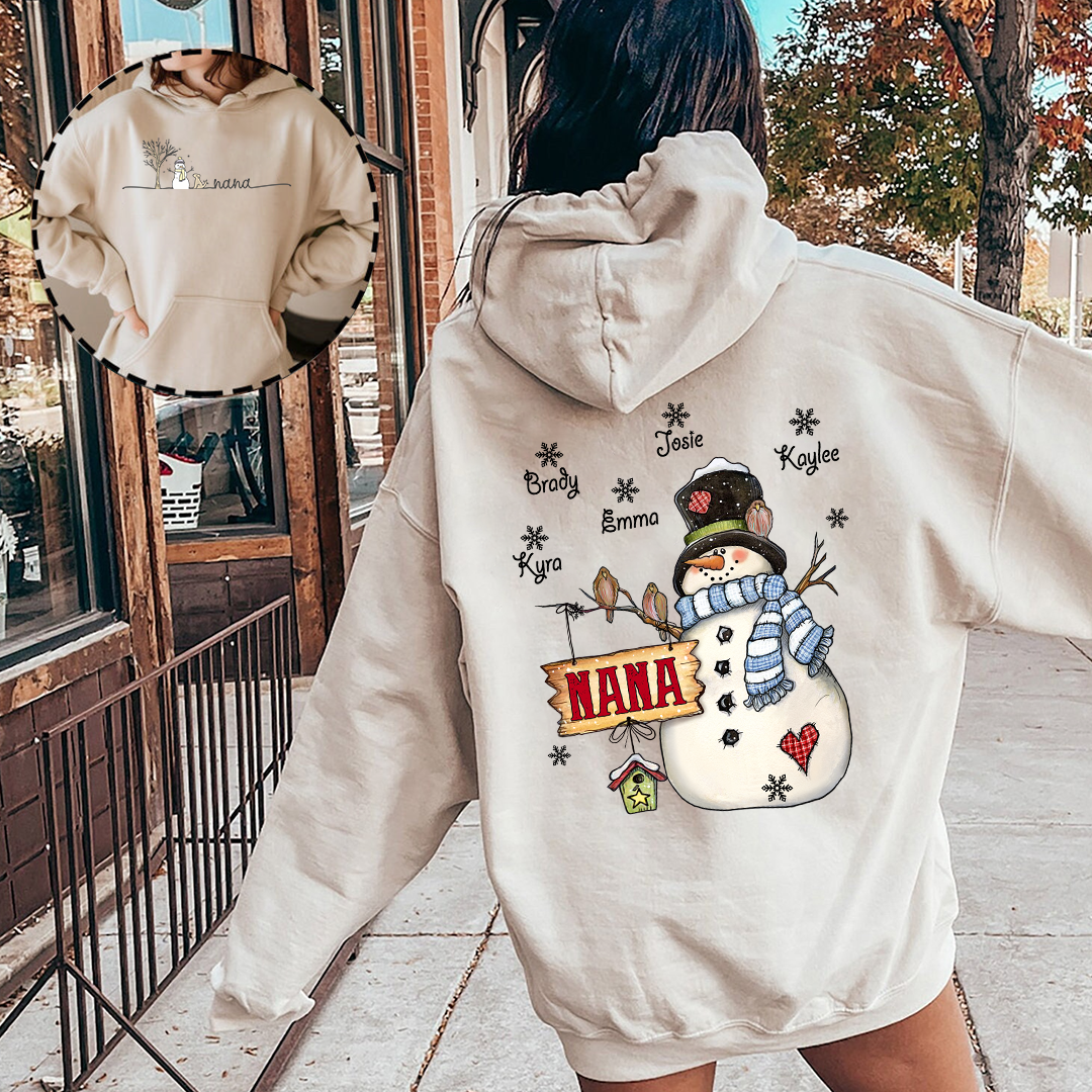 Custom Nana Snowman Hoodie - Personalized Grandma Christmas Sweatshirt with Grandkids' Names - Cozy Winter Holiday Gift