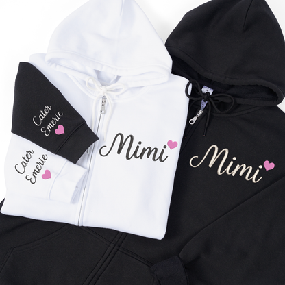 Personalized Mimi Embroidered Zip Hoodie, Custom Grandma Name with Kids Names on Sleeve, Full Zip Hooded Sweatshirt for Women, Cozy Family Wear for Mother Day Birthday Holidays