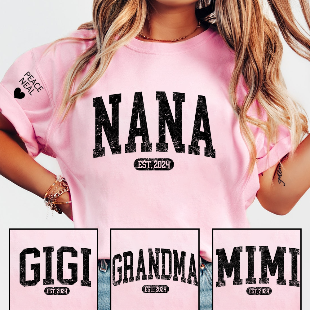 Custom Nana Shirt, Personalized Grandma Mimi Gigi T-Shirt, EST. 2024, Gift For Mother's Day, Grandmother Apparel with Amor Peace Neal Print