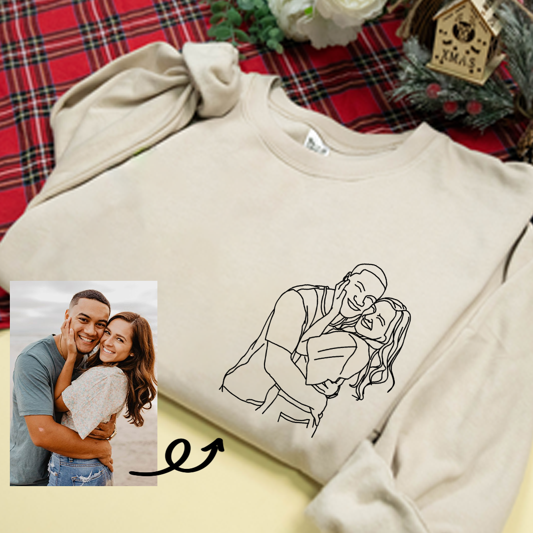 Custom Portrait From Photo, Couple Drawing, Personalized Family Portraits Embroidered Sweatshirt