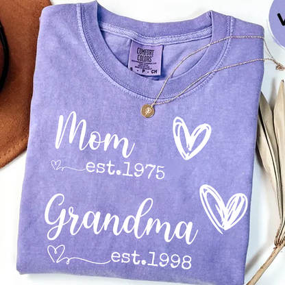 Personalized Mom Grandma EST Year Shirt | Custom Family T-Shirt Gift for Mom and Grandma | Cute Heart Design