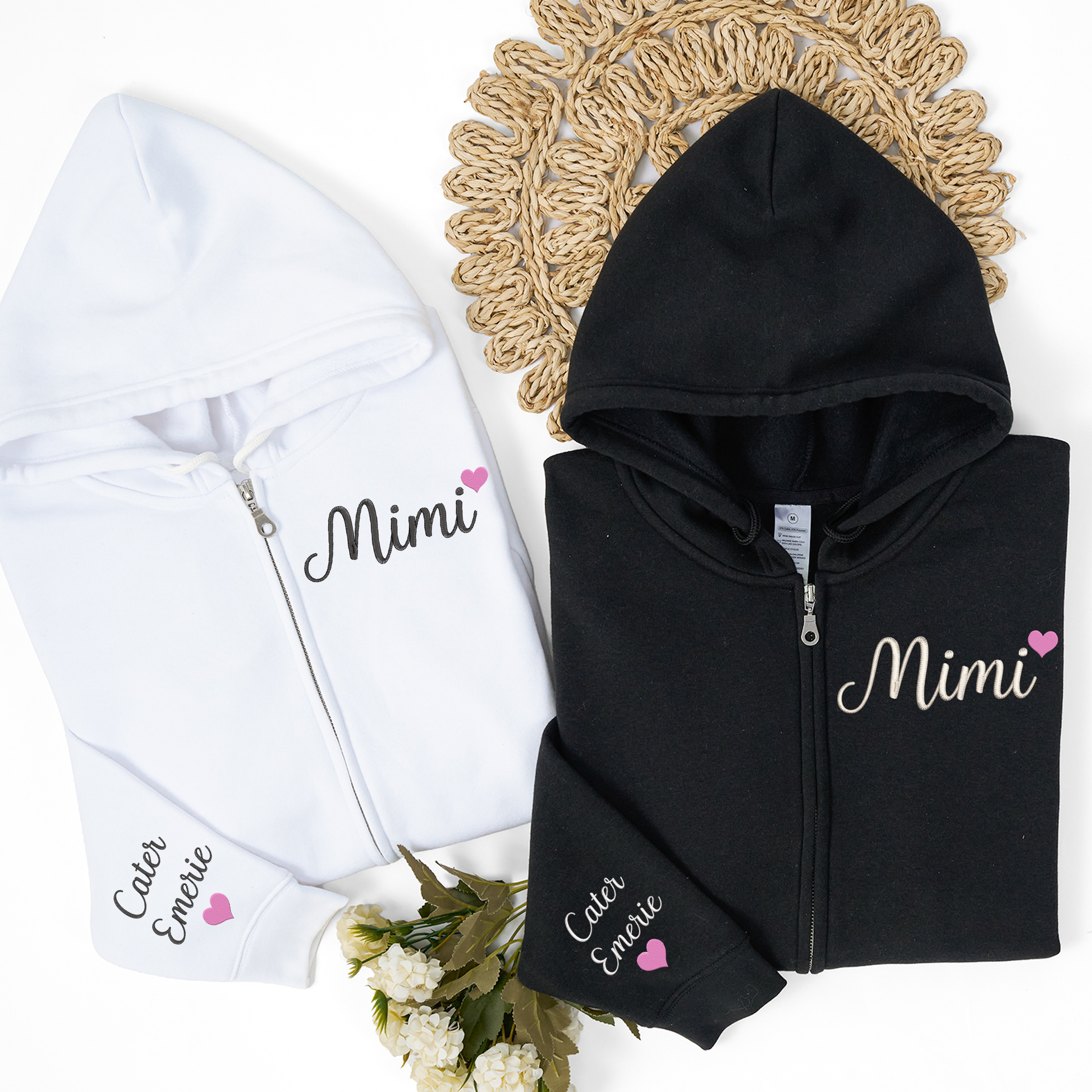 Personalized Mimi Embroidered Zip Hoodie, Custom Grandma Name with Kids Names on Sleeve, Full Zip Hooded Sweatshirt for Women, Cozy Family Wear for Mother Day Birthday Holidays
