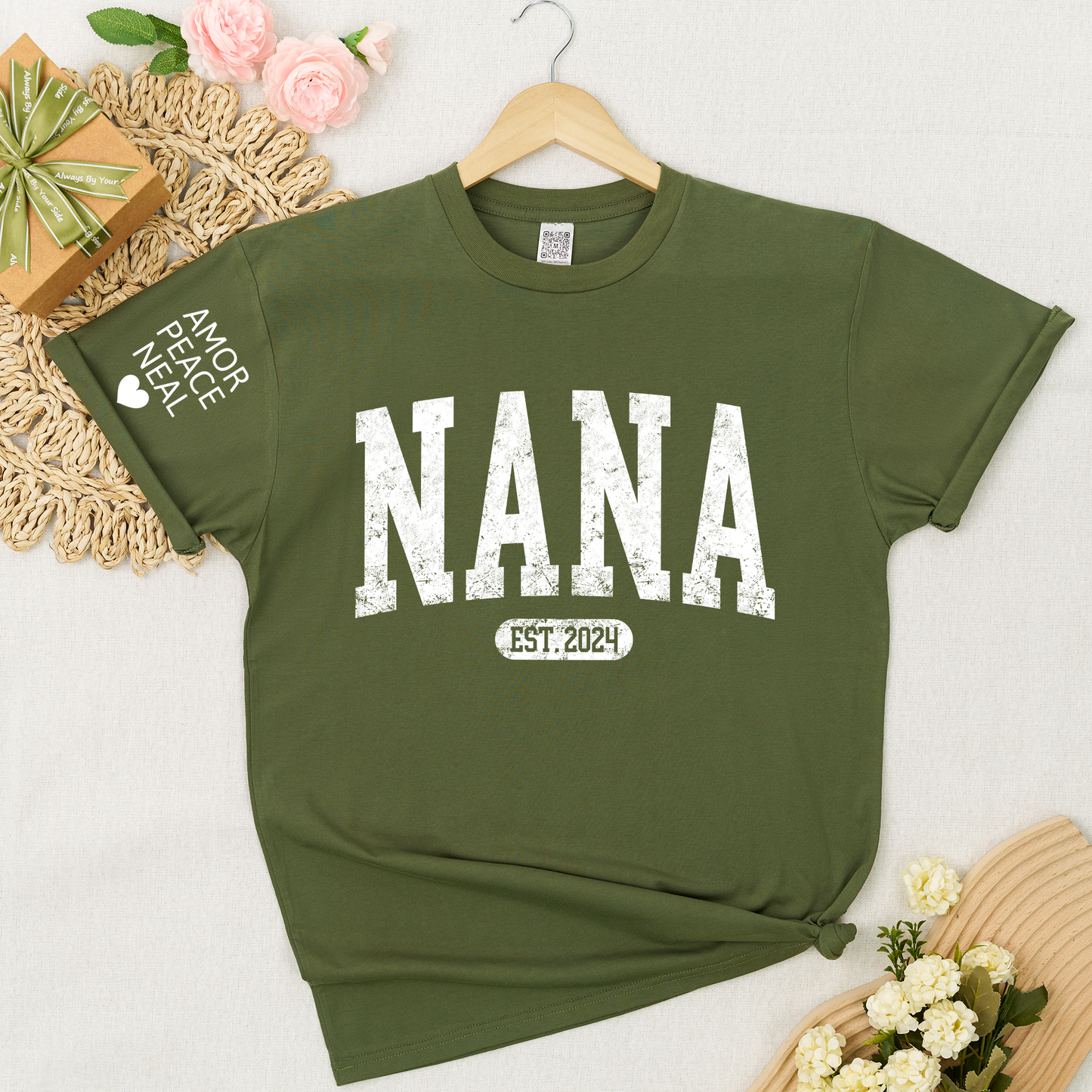 Custom Nana Shirt, Personalized Grandma Mimi Gigi T-Shirt, EST. 2024, Gift For Mother's Day, Grandmother Apparel with Amor Peace Neal Print