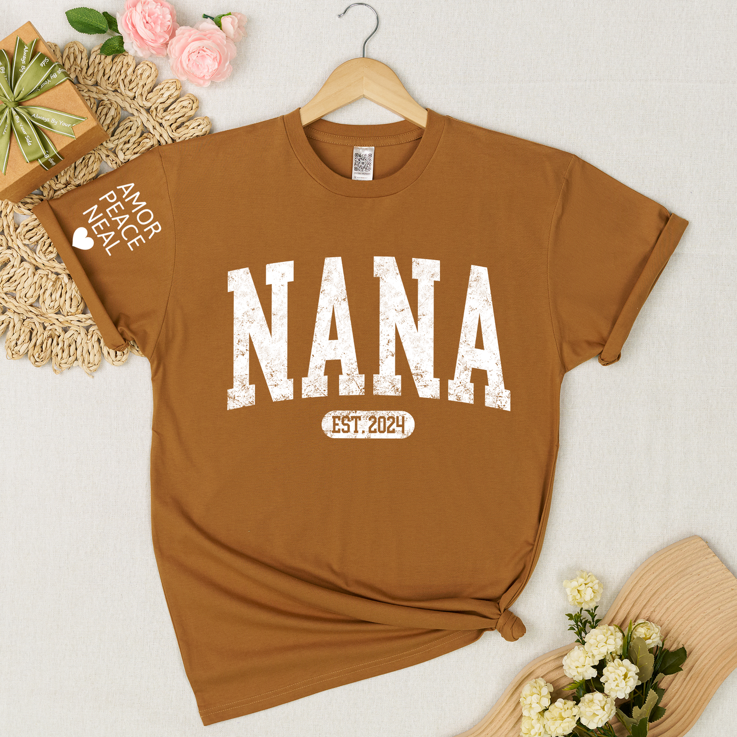 Custom Nana Shirt, Personalized Grandma Mimi Gigi T-Shirt, EST. 2024, Gift For Mother's Day, Grandmother Apparel with Amor Peace Neal Print