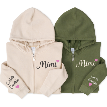Personalized Mimi Embroidered Zip Hoodie, Custom Grandma Name with Kids Names on Sleeve, Full Zip Hooded Sweatshirt for Women, Cozy Family Wear for Mother Day Birthday Holidays