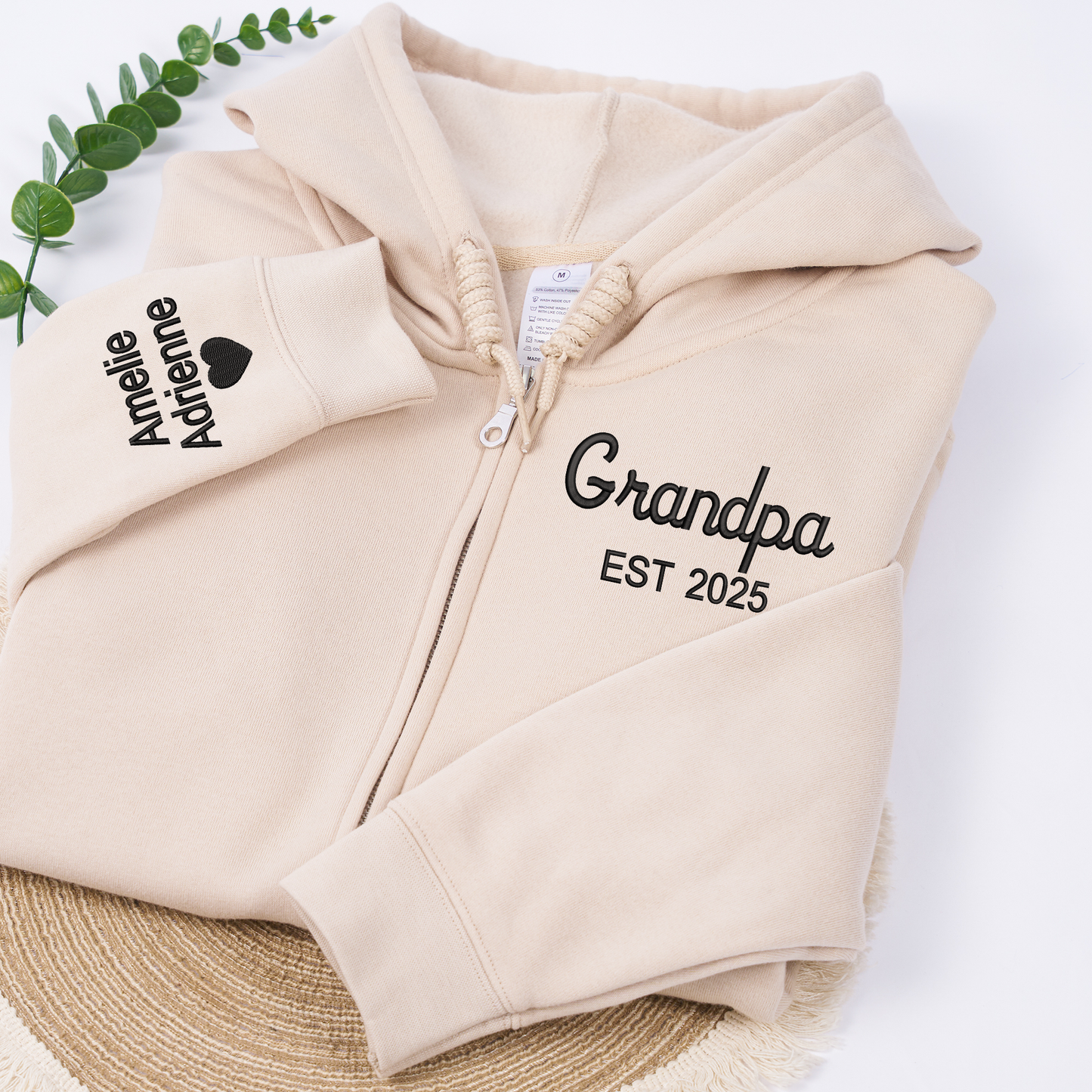 Personalized Grandpa Grandma Zip Hoodie Set With Names On Sleeves, Custom Embroidered Grandparents Matching Hoodies, Family Name Apparel Keepsake Est Year Design