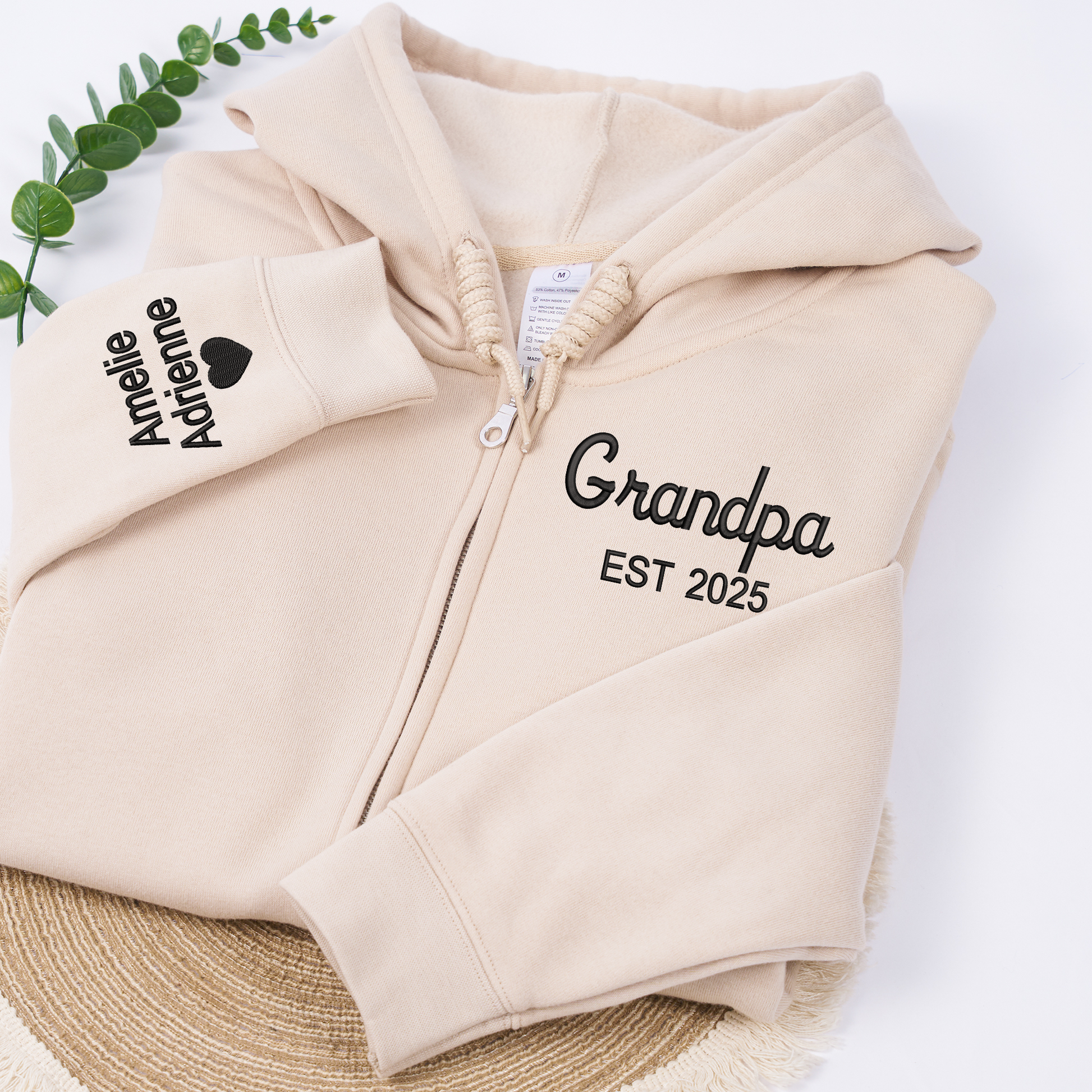 Personalized Grandpa Grandma Zip Hoodie Set With Names On Sleeves, Custom Embroidered Grandparents Matching Hoodies, Family Name Apparel Keepsake Est Year Design