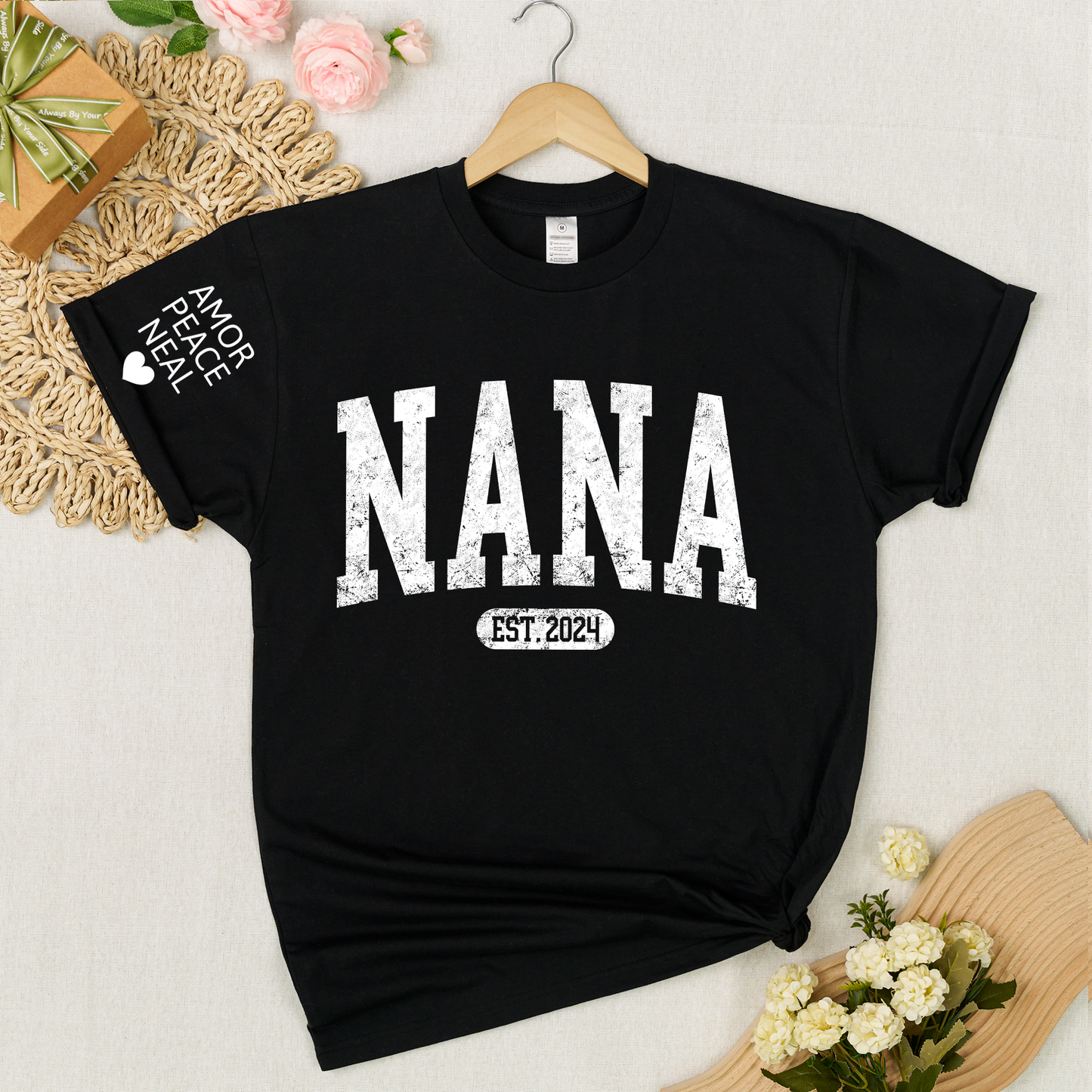 Custom Nana Shirt, Personalized Grandma Mimi Gigi T-Shirt, EST. 2024, Gift For Mother's Day, Grandmother Apparel with Amor Peace Neal Print