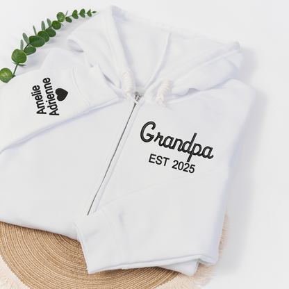 Personalized Grandpa Grandma Zip Hoodie Set With Names On Sleeves, Custom Embroidered Grandparents Matching Hoodies, Family Name Apparel Keepsake Est Year Design