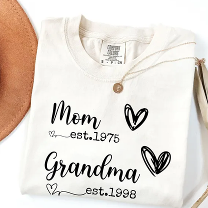 Personalized Mom Grandma EST Year Shirt | Custom Family T-Shirt Gift for Mom and Grandma | Cute Heart Design