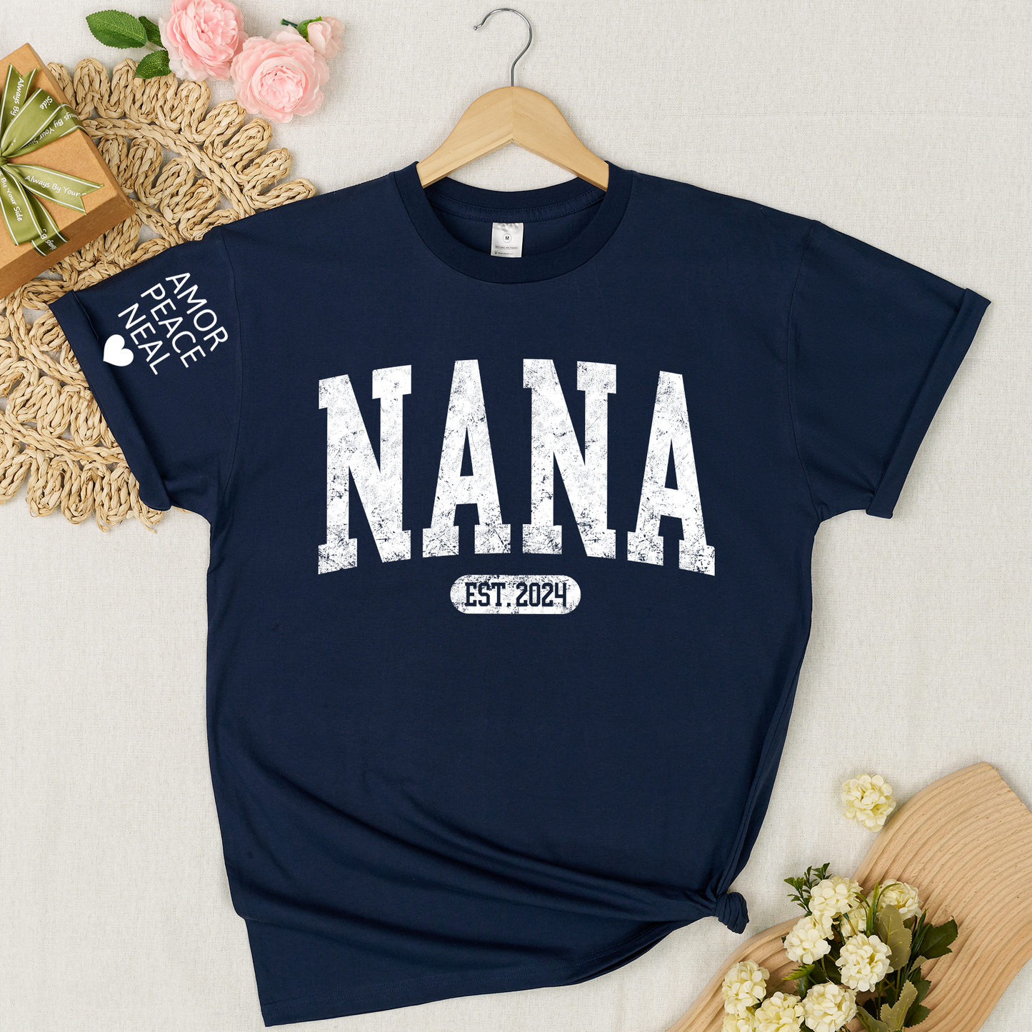 Custom Nana Shirt, Personalized Grandma Mimi Gigi T-Shirt, EST. 2024, Gift For Mother's Day, Grandmother Apparel with Amor Peace Neal Print