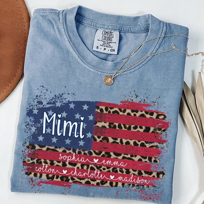Personalized Mimi Shirt for Grandma - Leopard American Flag Tee - Custom Grandkids Names - Vintage Distressed USA Flag T-Shirt - Gift for Mimi, Nana, Gigi, Mom, Mother's Day, Birthday