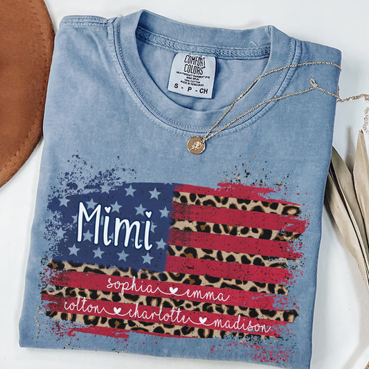 Personalized Mimi Shirt for Grandma - Leopard American Flag Tee - Custom Grandkids Names - Vintage Distressed USA Flag T-Shirt - Gift for Mimi, Nana, Gigi, Mom, Mother's Day, Birthday