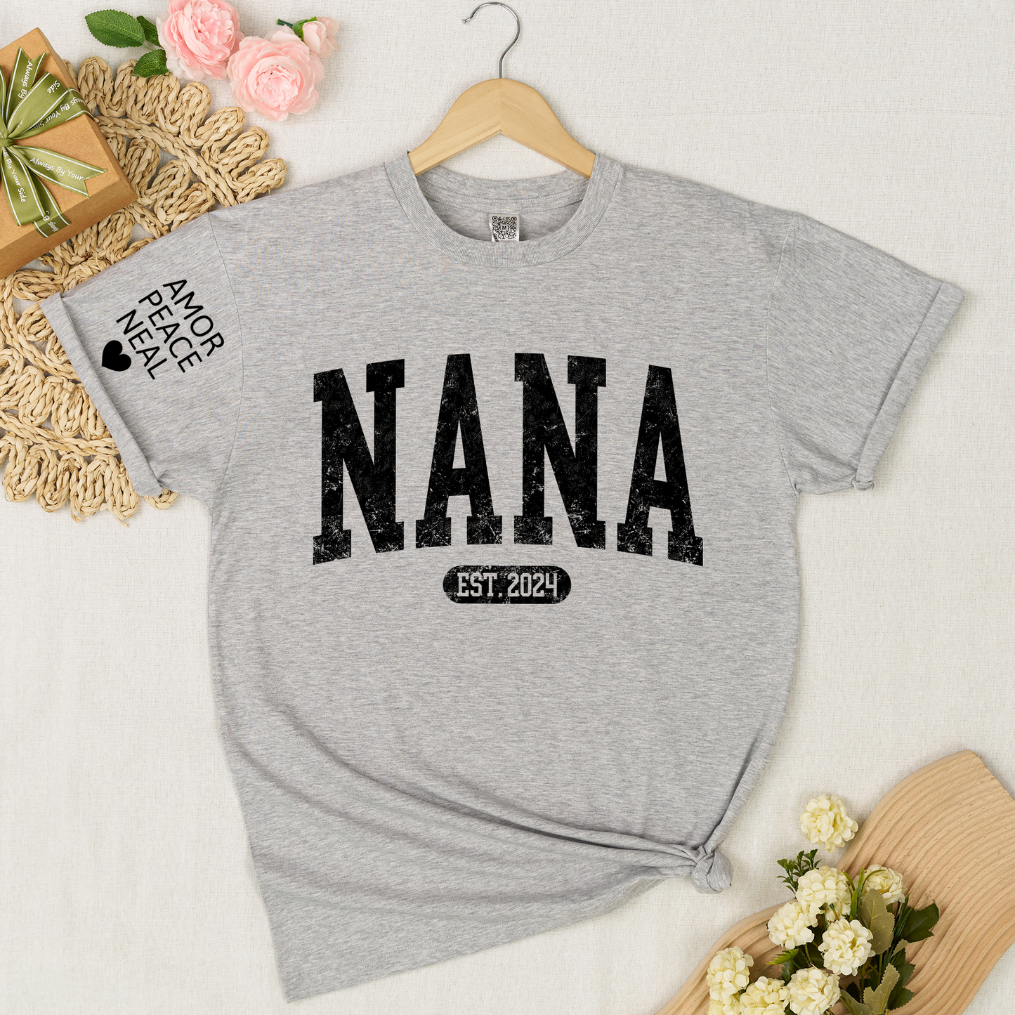 Custom Nana Shirt, Personalized Grandma Mimi Gigi T-Shirt, EST. 2024, Gift For Mother's Day, Grandmother Apparel with Amor Peace Neal Print