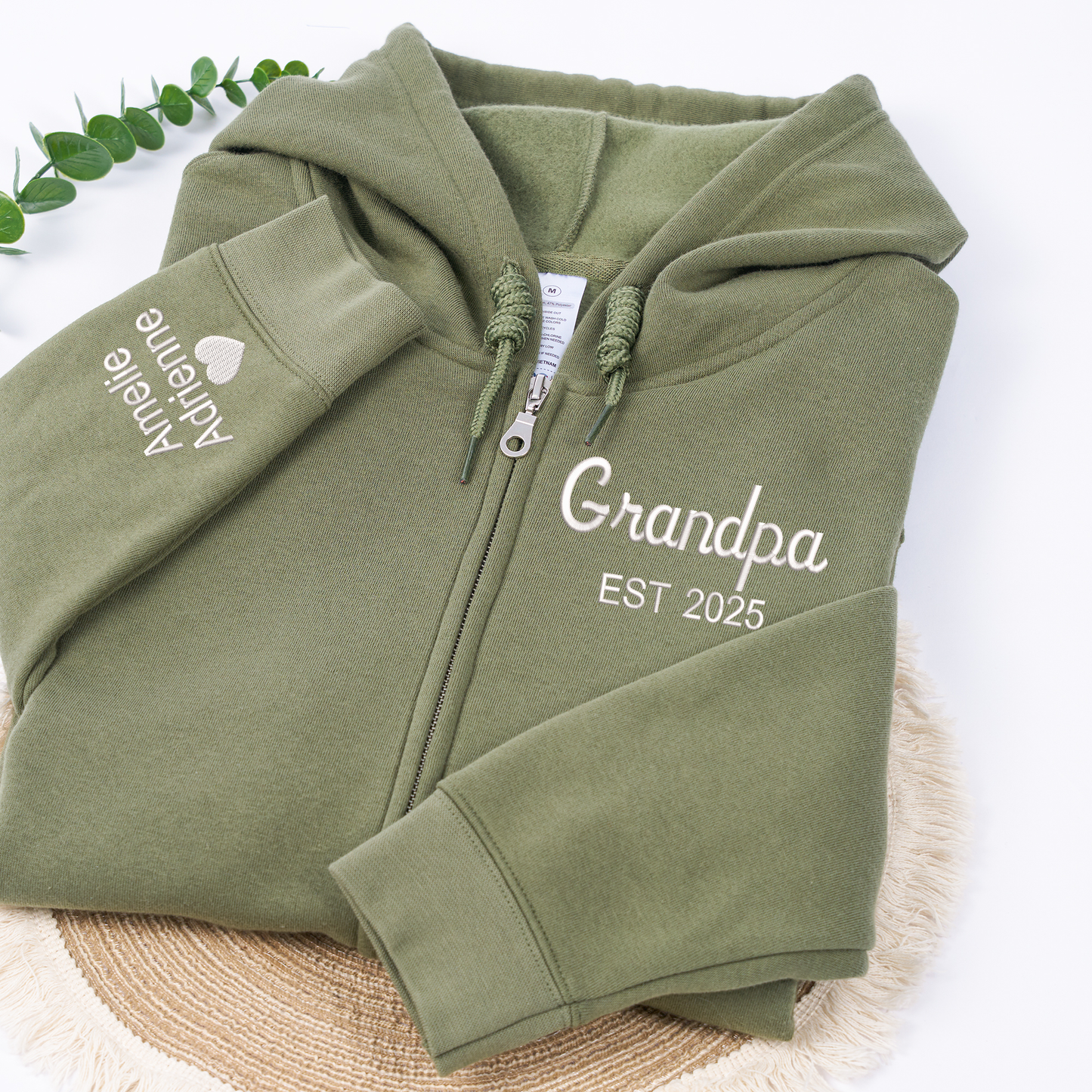 Personalized Grandpa Grandma Zip Hoodie Set With Names On Sleeves, Custom Embroidered Grandparents Matching Hoodies, Family Name Apparel Keepsake Est Year Design