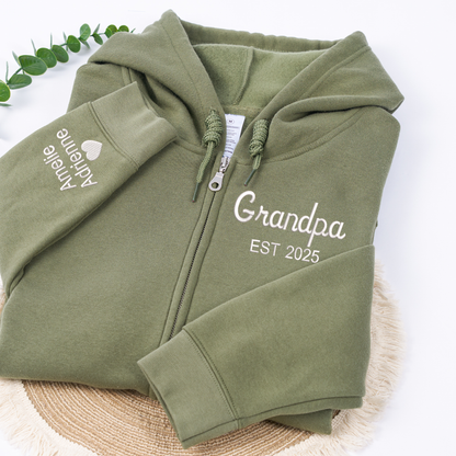 Personalized Grandpa Grandma Zip Hoodie Set With Names On Sleeves, Custom Embroidered Grandparents Matching Hoodies, Family Name Apparel Keepsake Est Year Design