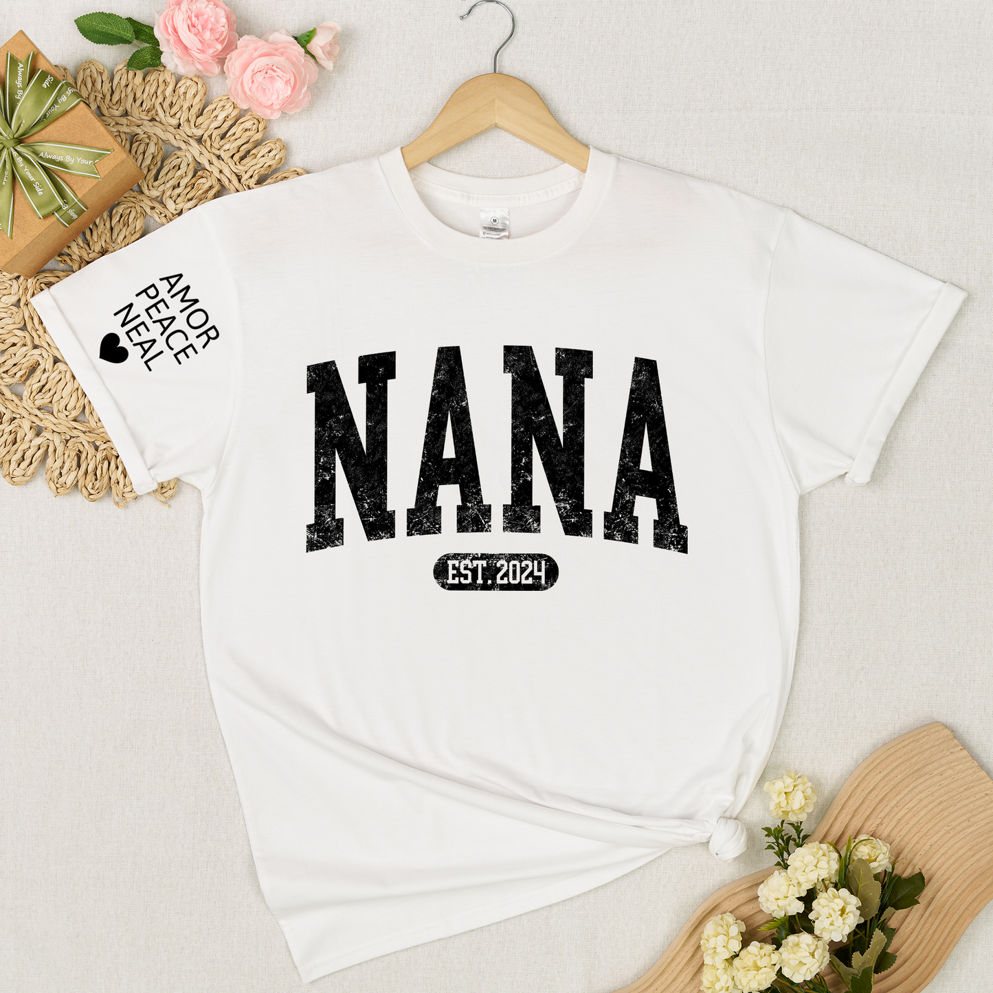 Custom Nana Shirt, Personalized Grandma Mimi Gigi T-Shirt, EST. 2024, Gift For Mother's Day, Grandmother Apparel with Amor Peace Neal Print